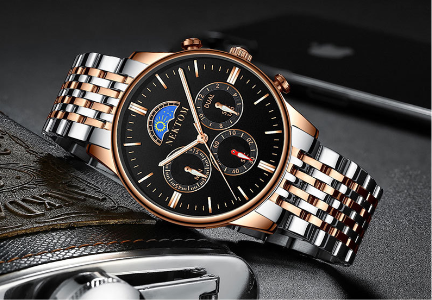 Sun and Moon Three-Eye Quartz Steel Band Watch
