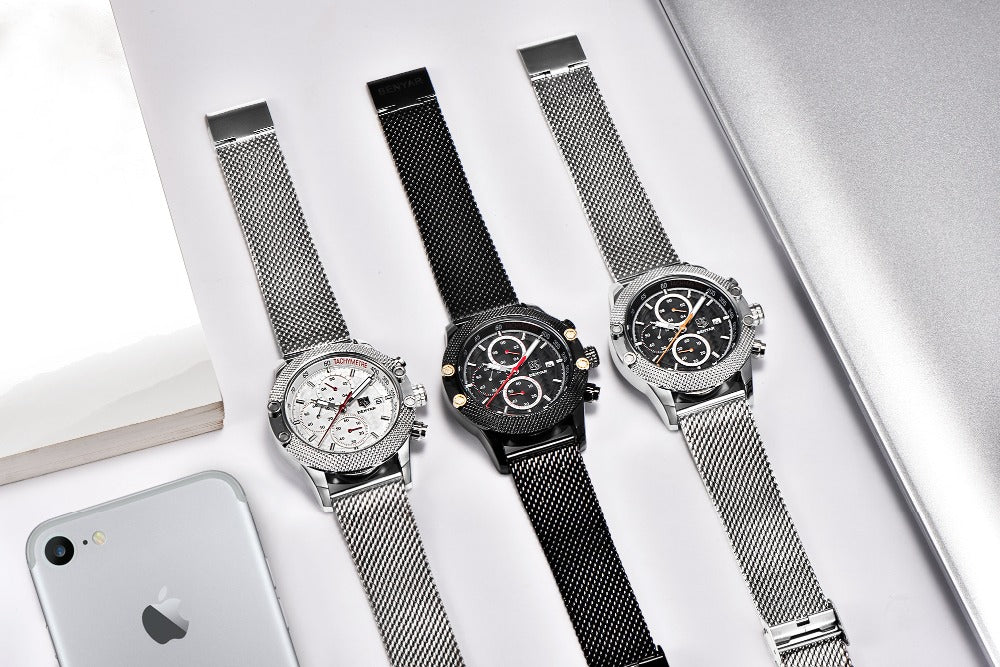 Quartz Three-Eye Watch with Steel Band and Waterproof
