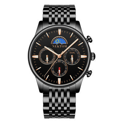 Sun and Moon Three-Eye Quartz Steel Band Watch