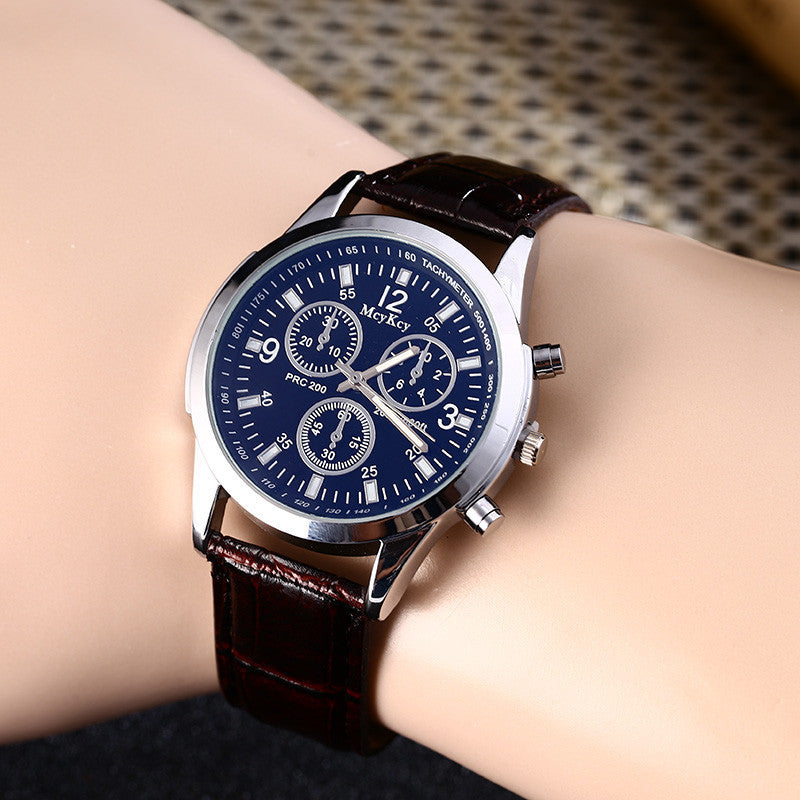 Men's Quartz Watch with Blue Light Glass and Leather Band