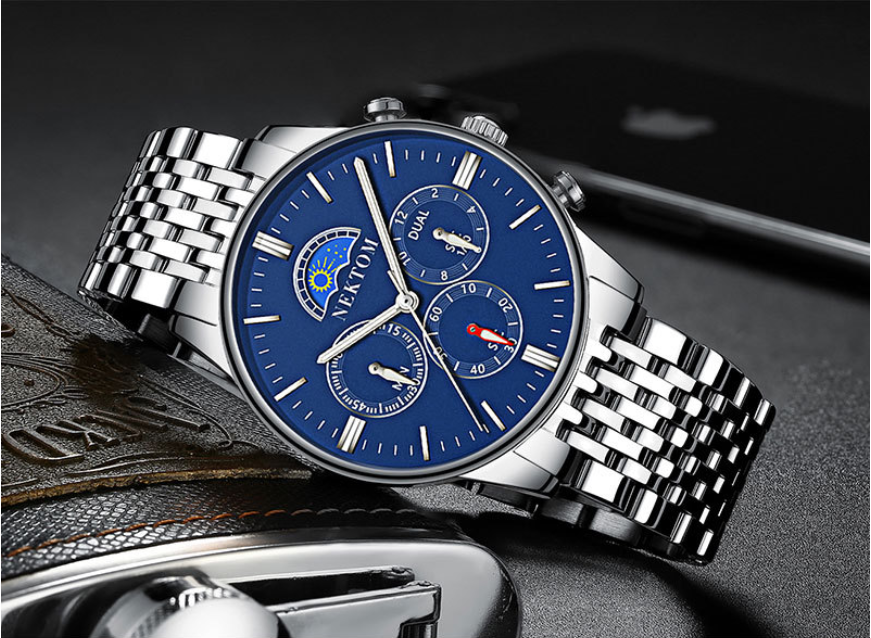 Sun and Moon Three-Eye Quartz Steel Band Watch