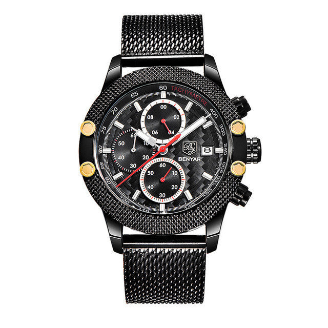 Quartz Three-Eye Watch with Steel Band and Waterproof