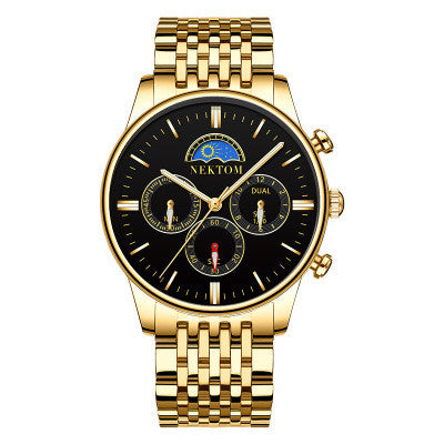 Sun and Moon Three-Eye Quartz Steel Band Watch