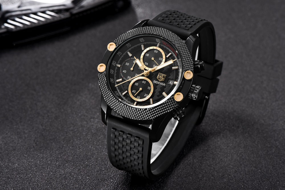 Quartz Three-Eye Watch with Steel Band and Waterproof