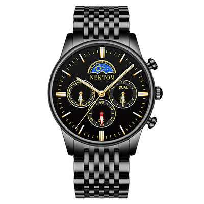Sun and Moon Three-Eye Quartz Steel Band Watch