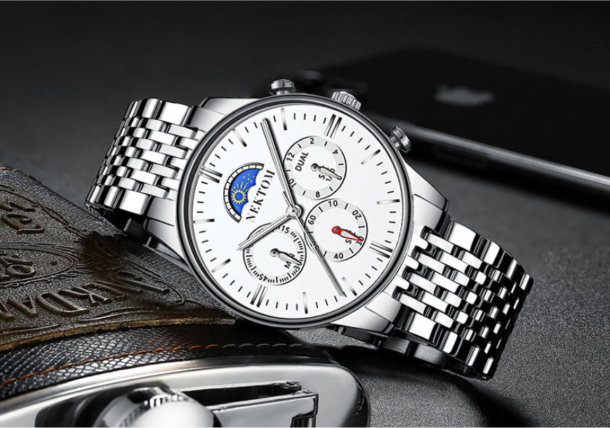 Sun and Moon Three-Eye Quartz Steel Band Watch