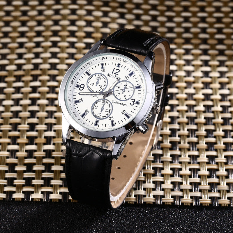 Men's Quartz Watch with Blue Light Glass and Leather Band