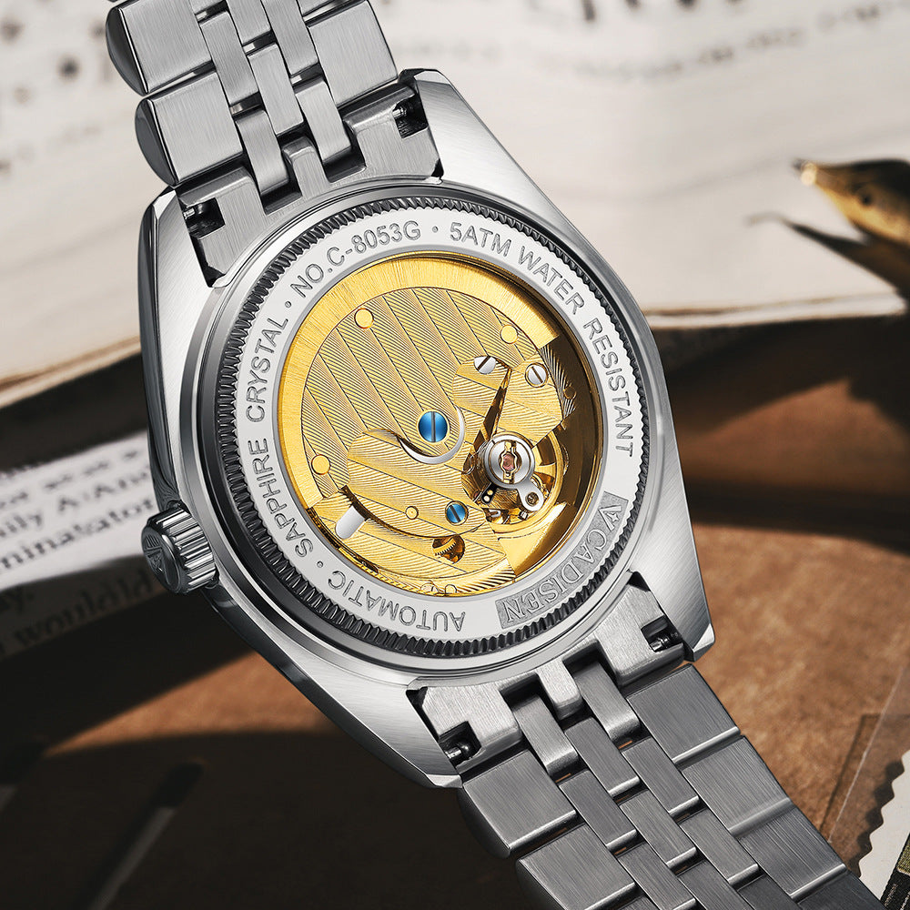 Stylish Men's Mechanical Watch with Calendar and Luminous Steel