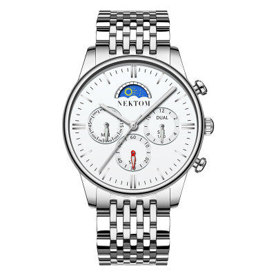 Sun and Moon Three-Eye Quartz Steel Band Watch
