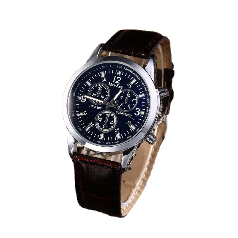 Men's Quartz Watch with Blue Light Glass and Leather Band