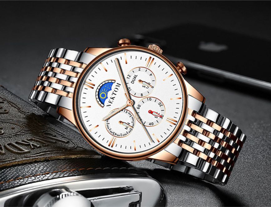 Sun and Moon Three-Eye Quartz Steel Band Watch