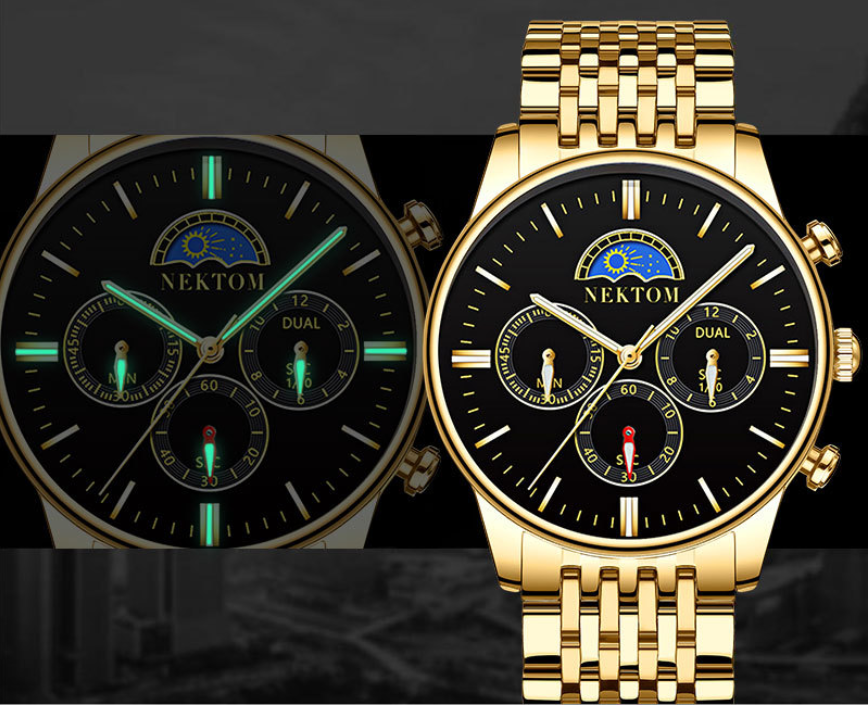 Sun and Moon Three-Eye Quartz Steel Band Watch