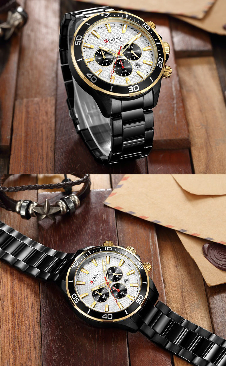 Men's Steel Band Casual Quartz Watch with Calendar