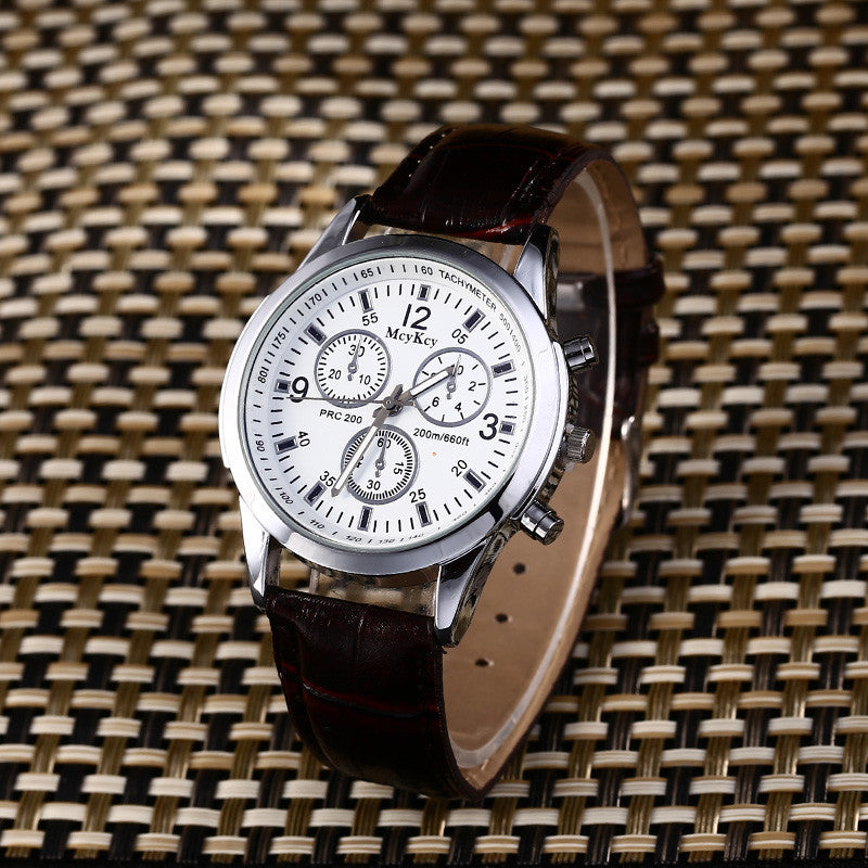 Men's Quartz Watch with Blue Light Glass and Leather Band