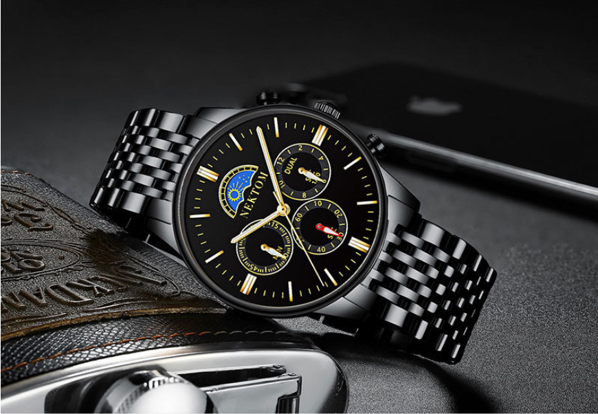 Sun and Moon Three-Eye Quartz Steel Band Watch
